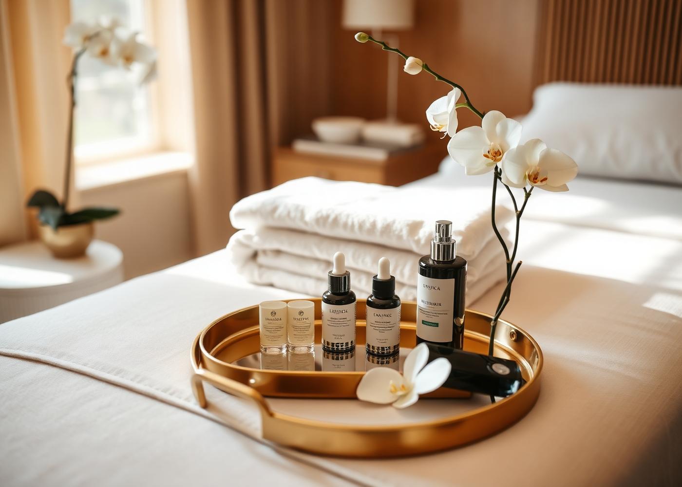 Serene aesthetics clinic treatment room with skincare products on a gold tray