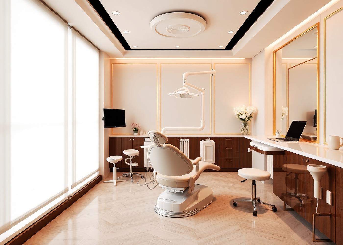 Modern dental treatment suite with warm ivory and gold finishes